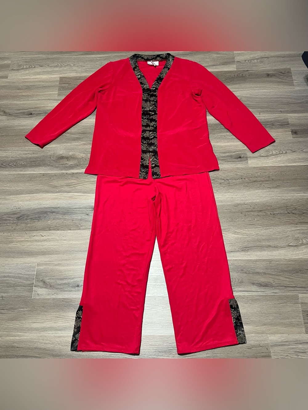 Susan Graver Medium/Large Cardigan Pants Set Red Nylon Stretch Comfort Fall